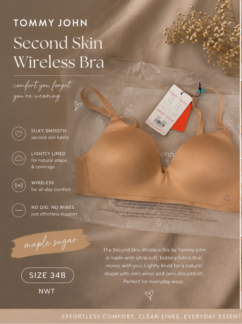 NWT- 34 B maple sugar Tommy John second skin lightly lined bra